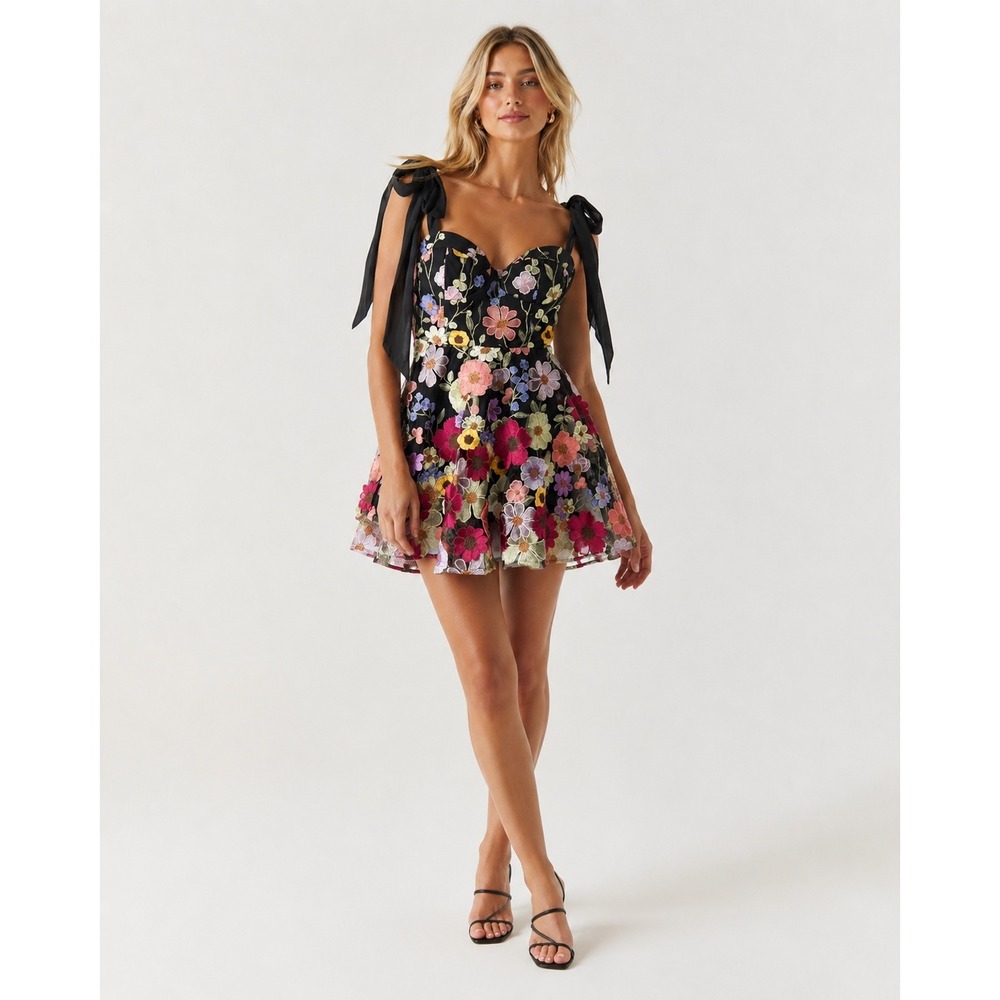 Buddy Love Carter 3D Floral Embroidered Tie Shoulder Mini Dress Black Medium NWT